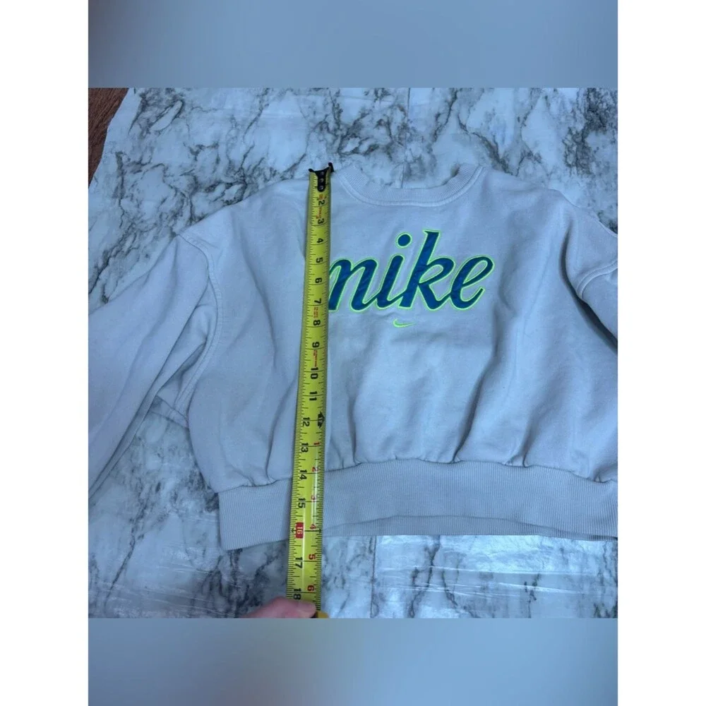 Nike off White Cropped Crew Sweatshirt Neon Green Navy logo spell out medium
